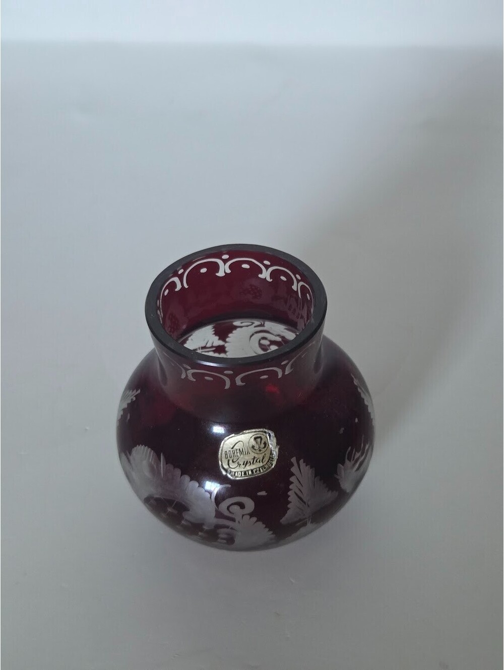 Vintage Bohemia Crystal Czechoslovakia Ruby Red Cut To Clear Glass Vase